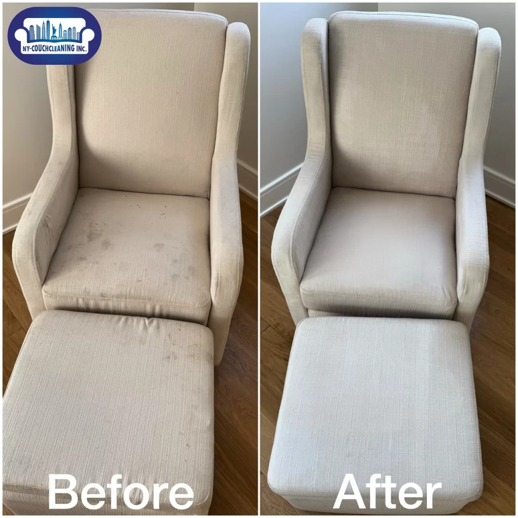 a white chair with a footstool